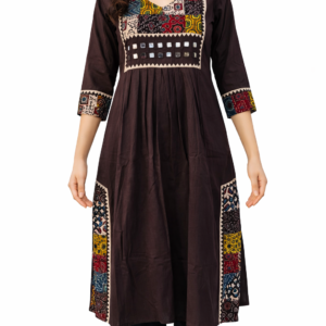 ajrakh mirror work women’s long brown kurti