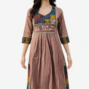 ajrakh mirror work women’s long dusty rose kurti