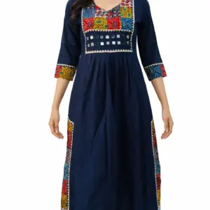 ajrakh mirror work women’s long navy blue kurti