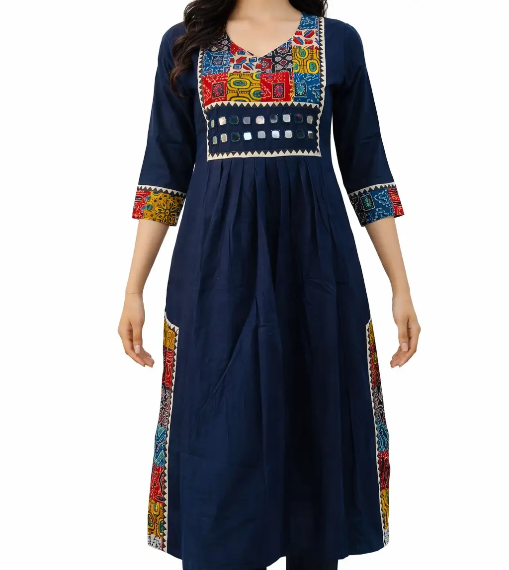 ajrakh mirror work women’s long navy blue kurti ajrakh mirror work women’s long navy blue kurti