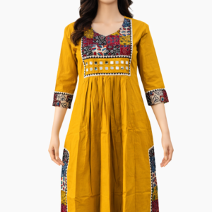 ajrakh mirror work women’s long yellow kurti