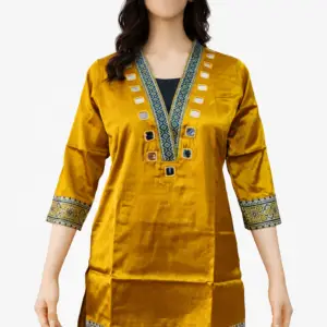 ajrakh mirror work women’s yellow short kurti