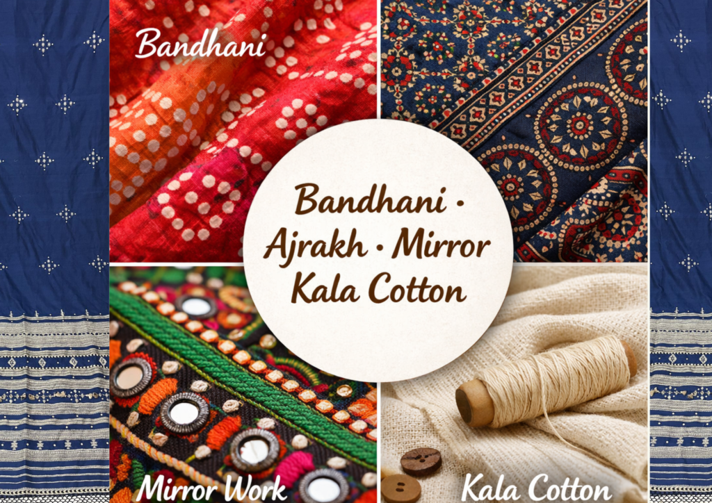 bandhani ajrakh mirrorwork kala cotton