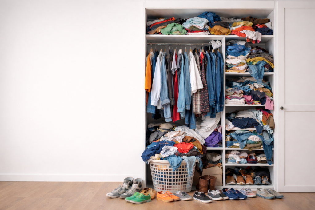 cupboard filled with old clothes