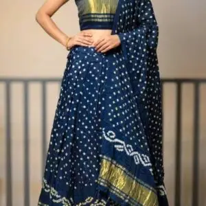 bandhani unstitched lehenga – elegant blue & gold festive wear