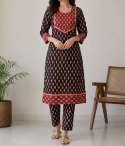 black ajrakh kurta set for women | handcrafted ethnic cotton wear | size l