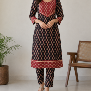 black ajrakh kurta set for women | handcrafted ethnic cotton wear | size l