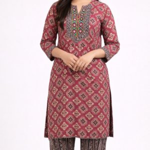 red ajrakh kurta set for women | handcrafted ethnic cotton wear | size l