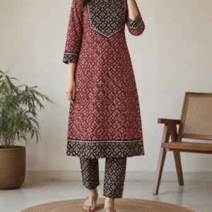 red ajrakh kurta set for women | handcrafted ethnic cotton wear | size l