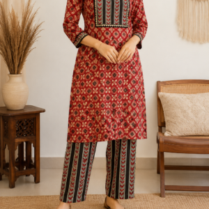 red ajrakh kurta set for women | handcrafted ethnic cotton wear | size l