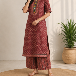 red ajrakh kurta set for women | handcrafted ethnic cotton wear | size l