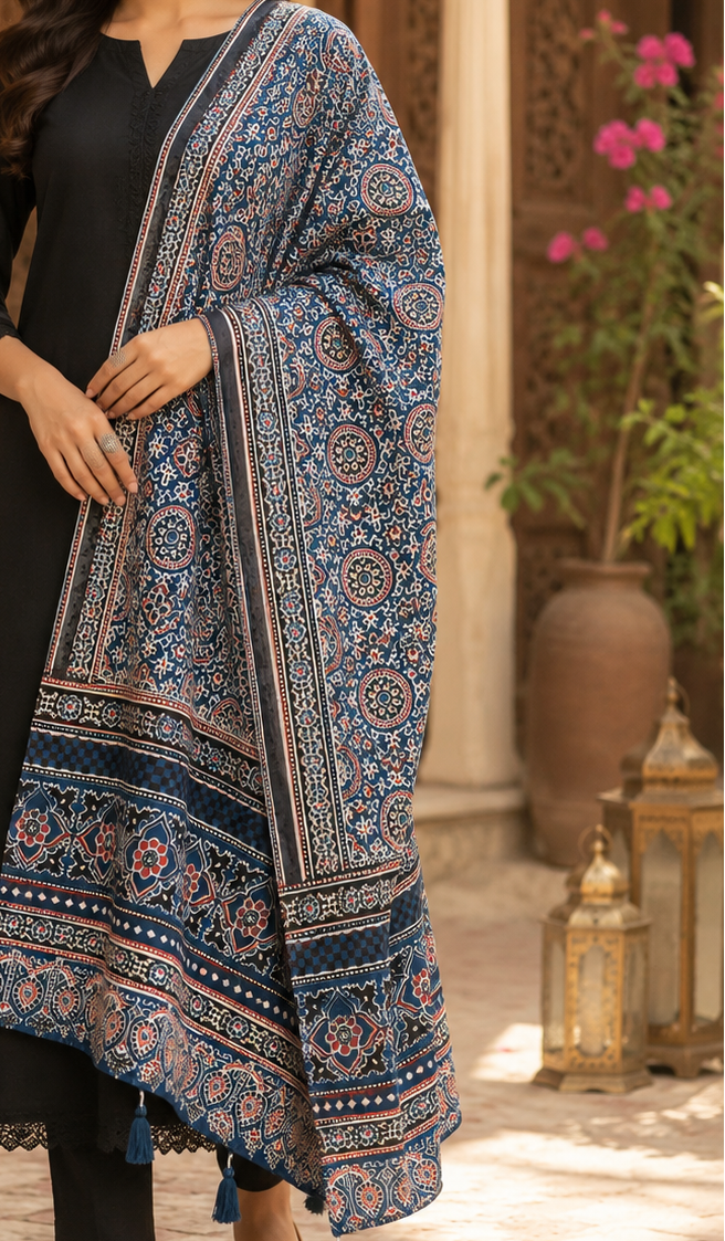ajrakh print masaru silk stole for women | navy blue ethnic stole | 2.5 meter ajrakh print masaru silk stole for women | navy blue ethnic stole | 2.5 meter