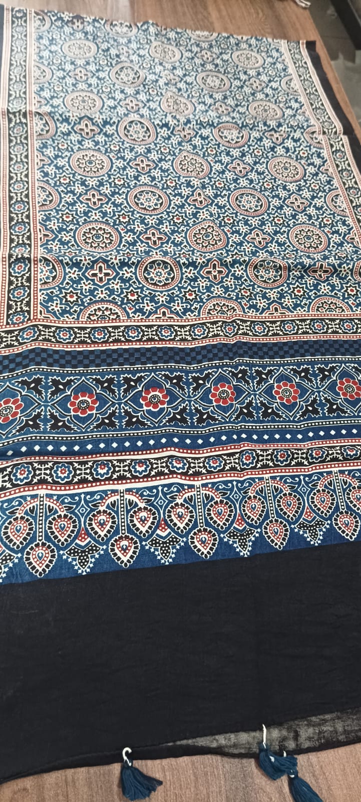 ajrakh print masaru silk stole for women | navy blue ethnic stole | 2.5 meter ajrakh print masaru silk stole for women | navy blue ethnic stole | 2.5 meter